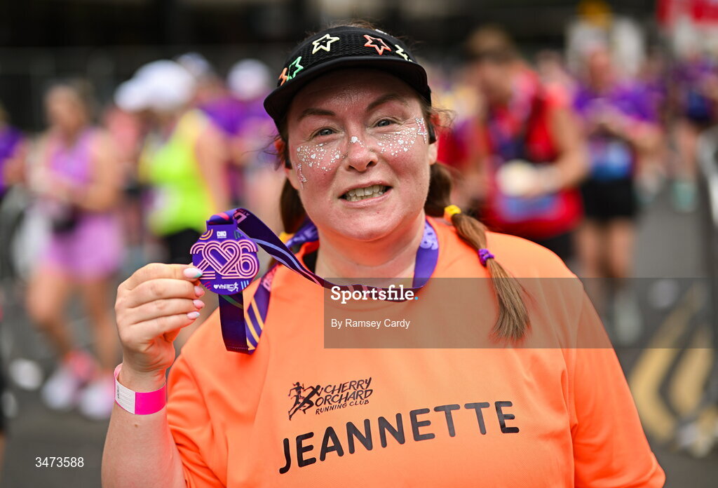 31 May 2026; Jeannette Treanor with her medal after the 2026 Vhi Women’s Mini Marathon. Almost 30,000 women from all over the country took to the streets of Dublin to run, walk and jog the 10km route, raising much needed funds for hundreds of charities around the country. www.vhiwomensminimarathon.ie. Photo by Ramsey Cardy/Sportsfile