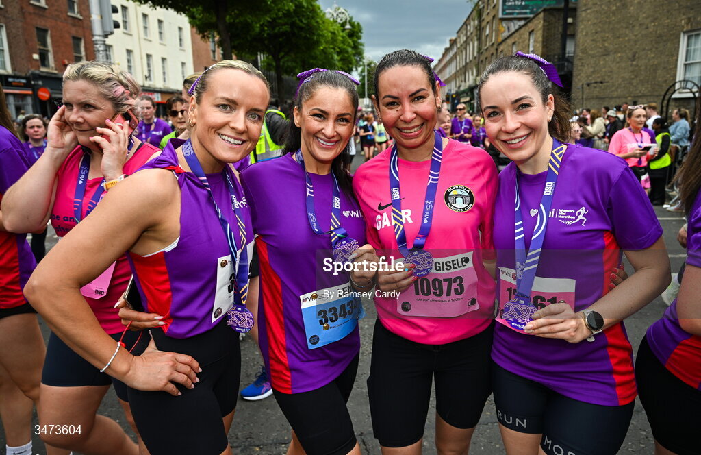 31 May 2026; Participants with their medals after the 2026 Vhi Women’s Mini Marathon. Almost 30,000 women from all over the country took to the streets of Dublin to run, walk and jog the 10km route, raising much needed funds for hundreds of charities around the country. www.vhiwomensminimarathon.ie. Photo by Ramsey Cardy/Sportsfile