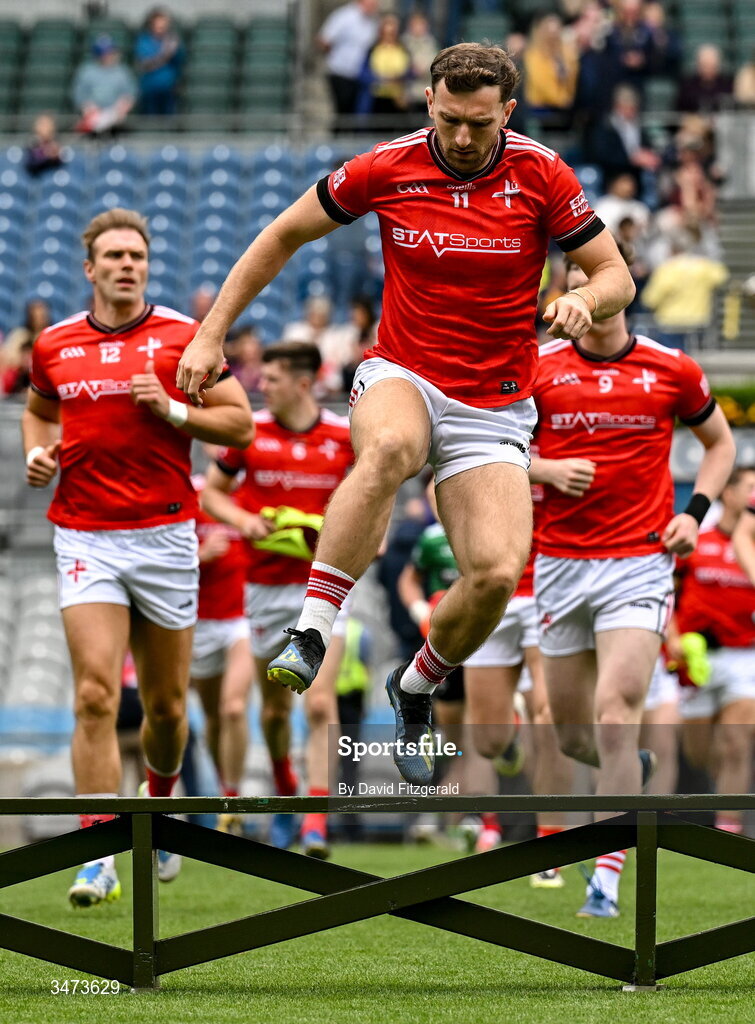 31 May 2026; Louth captain Sam Mulroy jumps onto the bench for the team photo before the GAA Football All-Ireland Senior Championship Round 1 match between Dublin and Louth at Croke Park in Dublin. Photo by David Fitzgerald/Sportsfile