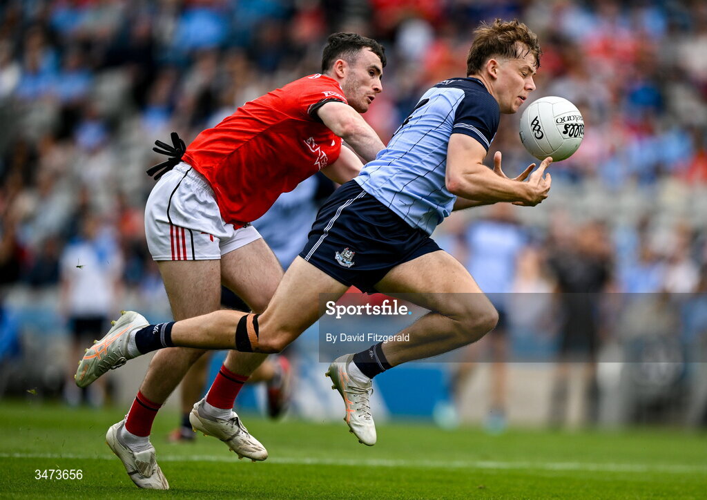 31 May 2026; Charlie McMorrow of Dublin in action against Daíre Nally of Louth during the GAA Football All-Ireland Senior Championship Round 1 match between Dublin and Louth at Croke Park in Dublin. Photo by David Fitzgerald/Sportsfile