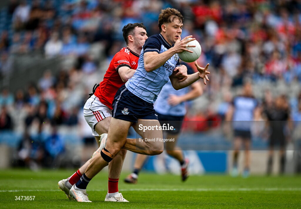 31 May 2026; Charlie McMorrow of Dublin in action against Daíre Nally of Louth during the GAA Football All-Ireland Senior Championship Round 1 match between Dublin and Louth at Croke Park in Dublin. Photo by David Fitzgerald/Sportsfile