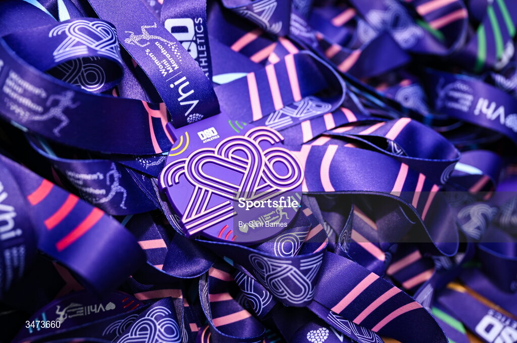 31 May 2026; A detailed view of the medal after the 2026 Vhi Women’s Mini Marathon. Almost 30,000 women from all over the country took to the streets of Dublin to run, walk and jog the 10km route, raising much needed funds for hundreds of charities around the country. www.vhiwomensminimarathon.ie. Photo by Sam Barnes/Sportsfile
