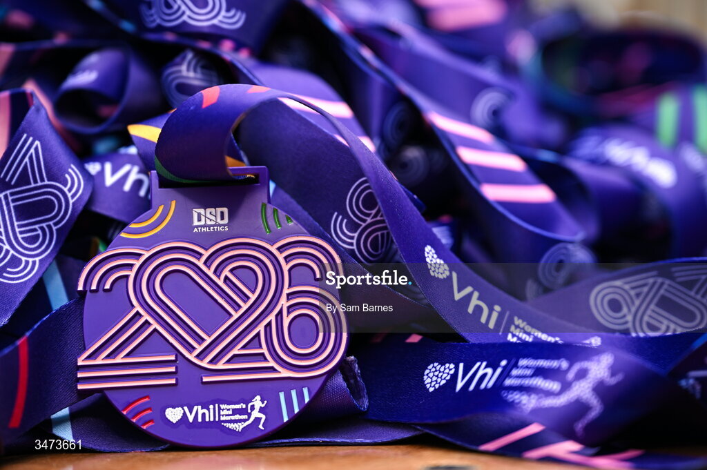 31 May 2026; A detailed view of the medal after the 2026 Vhi Women’s Mini Marathon. Almost 30,000 women from all over the country took to the streets of Dublin to run, walk and jog the 10km route, raising much needed funds for hundreds of charities around the country. www.vhiwomensminimarathon.ie. Photo by Sam Barnes/Sportsfile