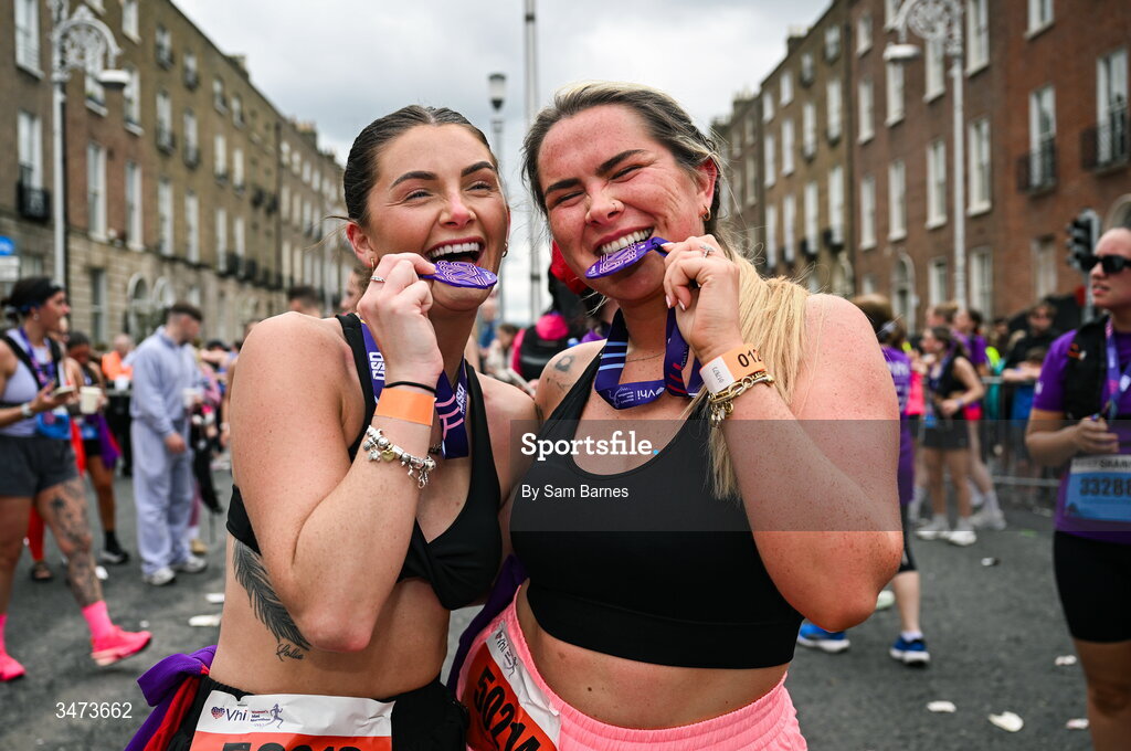 31 May 2026; Nicole O'Connell, left, and Rebecca Boylan with their medals after the 2026 Vhi Women’s Mini Marathon. Almost 30,000 women from all over the country took to the streets of Dublin to run, walk and jog the 10km route, raising much needed funds for hundreds of charities around the country. www.vhiwomensminimarathon.ie. Photo by Sam Barnes/Sportsfile