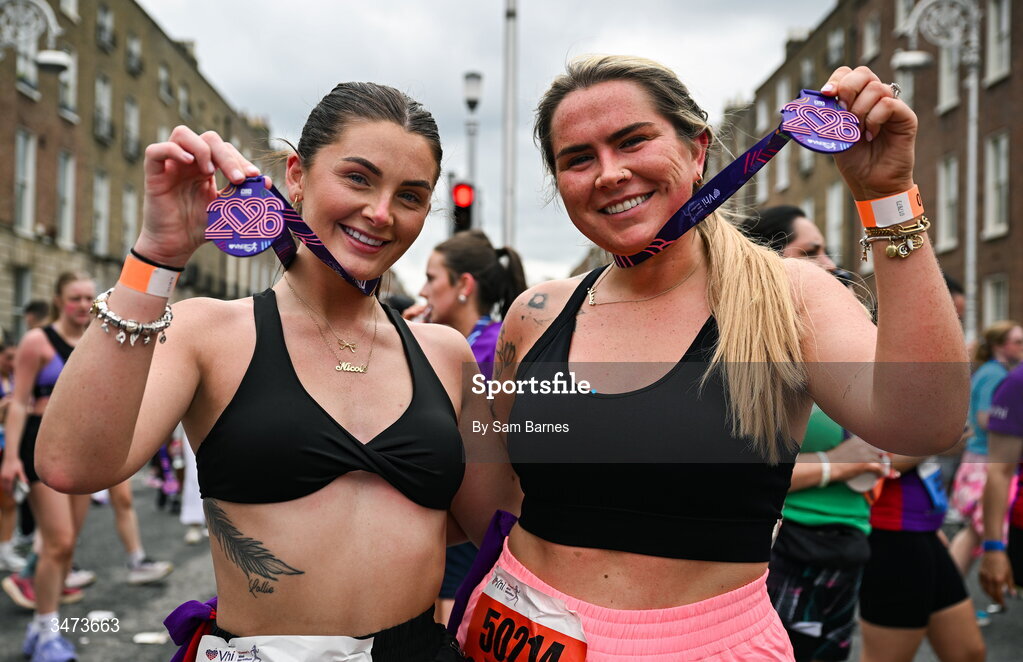 31 May 2026; Nicole O'Connell, left, and Rebecca Boylan with their medals after the 2026 Vhi Women’s Mini Marathon. Almost 30,000 women from all over the country took to the streets of Dublin to run, walk and jog the 10km route, raising much needed funds for hundreds of charities around the country. www.vhiwomensminimarathon.ie. Photo by Sam Barnes/Sportsfile