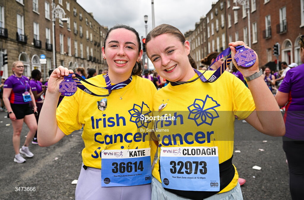 31 May 2026; Katie, left, and Clodagh Duffy from Castletown, Meath, with their medals after the 2026 Vhi Women’s Mini Marathon. Almost 30,000 women from all over the country took to the streets of Dublin to run, walk and jog the 10km route, raising much needed funds for hundreds of charities around the country. www.vhiwomensminimarathon.ie. Photo by Sam Barnes/Sportsfile