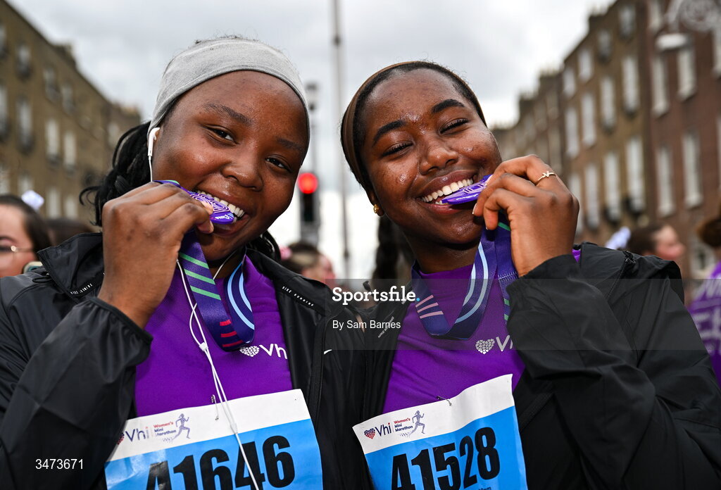 31 May 2026; Gizelle Gurrowju, left, and Bana Olawoye with their medals after the 2026 Vhi Women’s Mini Marathon. Almost 30,000 women from all over the country took to the streets of Dublin to run, walk and jog the 10km route, raising much needed funds for hundreds of charities around the country. www.vhiwomensminimarathon.ie. Photo by Sam Barnes/Sportsfile
