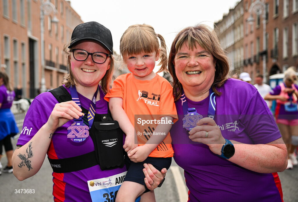 31 May 2026; Participants, from left, Amelia O'Connor, Claire O'Connor, age 4, and Catherine O'Connor, all from Tralee, Kerry, after the 2026 Vhi Women’s Mini Marathon. Almost 30,000 women from all over the country took to the streets of Dublin to run, walk and jog the 10km route, raising much needed funds for hundreds of charities around the country. www.vhiwomensminimarathon.ie. Photo by Sam Barnes/Sportsfile