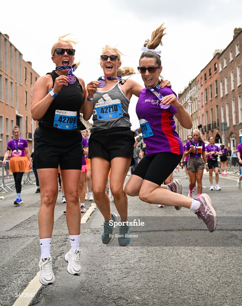 31 May 2026; Participants, from left, Amada Lynch, Orla Lynch and Michelle Lynch, all from Sandyford, Dublin, with their medals after the 2026 Vhi Women’s Mini Marathon. Almost 30,000 women from all over the country took to the streets of Dublin to run, walk and jog the 10km route, raising much needed funds for hundreds of charities around the country. www.vhiwomensminimarathon.ie. Photo by Sam Barnes/Sportsfile
