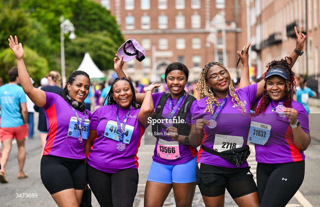 31 May 2026; Participants with their medals after the 2026 Vhi Women’s Mini Marathon. Almost 30,000 women from all over the country took to the streets of Dublin to run, walk and jog the 10km route, raising much needed funds for hundreds of charities around the country. www.vhiwomensminimarathon.ie. Photo by Sam Barnes/Sportsfile