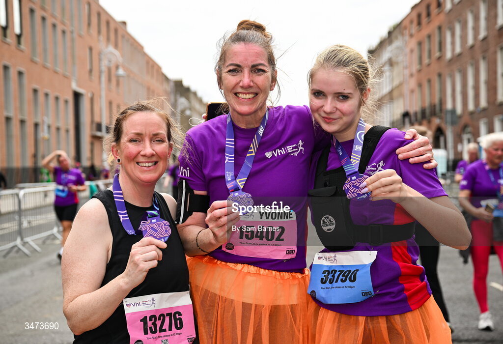 31 May 2026; Participants, from left, Amy Sheridan, Yvonne Nolan and Holly O'Connor from Rathfarnham, Dublin, with their medals after the 2026 Vhi Women’s Mini Marathon. Almost 30,000 women from all over the country took to the streets of Dublin to run, walk and jog the 10km route, raising much needed funds for hundreds of charities around the country. www.vhiwomensminimarathon.ie. Photo by Sam Barnes/Sportsfile