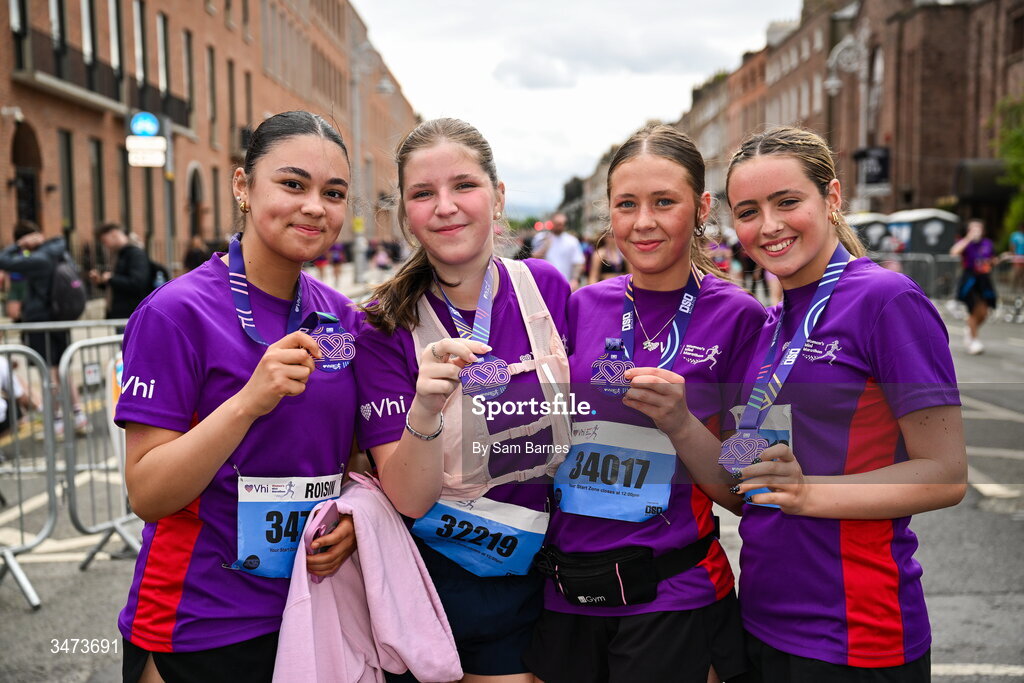 31 May 2026; Participants with their medals after the 2026 Vhi Women’s Mini Marathon. Almost 30,000 women from all over the country took to the streets of Dublin to run, walk and jog the 10km route, raising much needed funds for hundreds of charities around the country. www.vhiwomensminimarathon.ie. Photo by Sam Barnes/Sportsfile