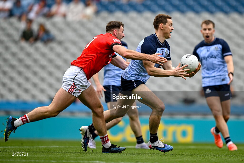 31 May 2026; Con O'Callaghan of Dublin in action against Sam Mulroy of Louth during the GAA Football All-Ireland Senior Championship Round 1 match between Dublin and Louth at Croke Park in Dublin. Photo by David Fitzgerald/Sportsfile