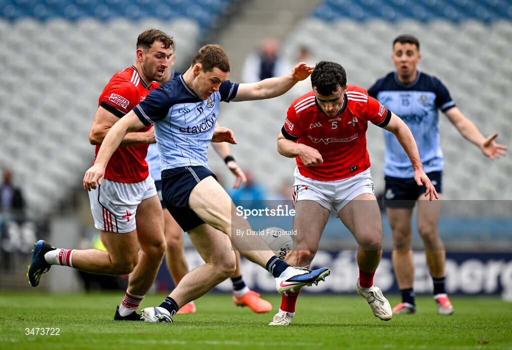 31 May 2026; Con O'Callaghan of Dublin in action against Sam Mulroy of Louth during the GAA Football All-Ireland Senior Championship Round 1 match between Dublin and Louth at Croke Park in Dublin. Photo by David Fitzgerald/Sportsfile