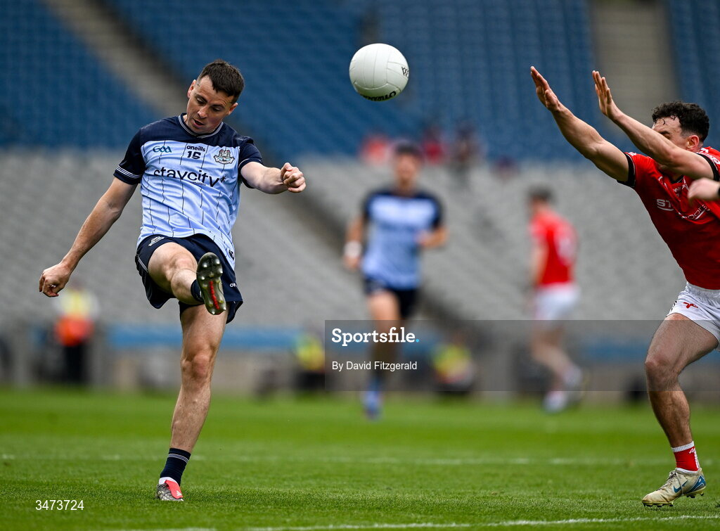 31 May 2026; Cormac Costello of Dublin kicks a two point score during the GAA Football All-Ireland Senior Championship Round 1 match between Dublin and Louth at Croke Park in Dublin. Photo by David Fitzgerald/Sportsfile