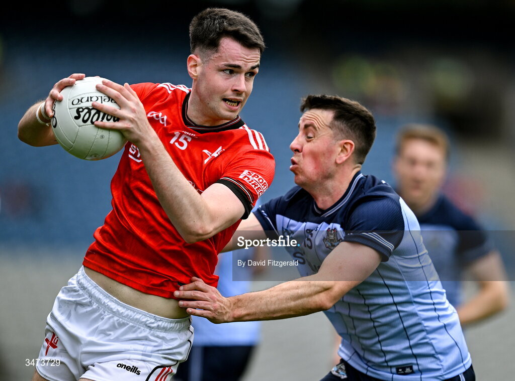 31 May 2026; Conall McCaul of Louth in action against Cormac Costello of Dublin during the GAA Football All-Ireland Senior Championship Round 1 match between Dublin and Louth at Croke Park in Dublin. Photo by David Fitzgerald/Sportsfile