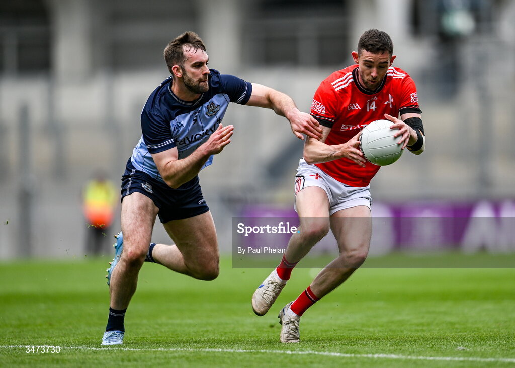 31 May 2026; Ciaran Downey of Louth in action against Seán MacMahon of Dublin during the GAA Football All-Ireland Senior Championship Round 1 match between Dublin and Louth at Croke Park in Dublin. Photo by Paul Phelan/Sportsfile