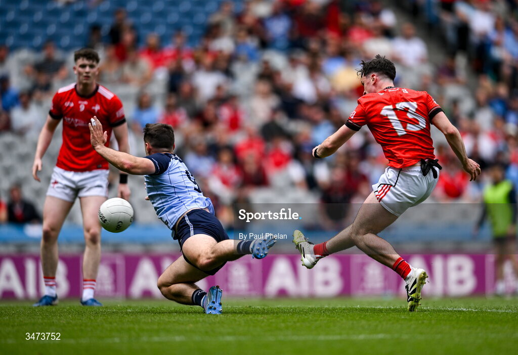 31 May 2026; Kieran McCardle of Louth scores his side's first goal during the GAA Football All-Ireland Senior Championship Round 1 match between Dublin and Louth at Croke Park in Dublin. Photo by Paul Phelan/Sportsfile