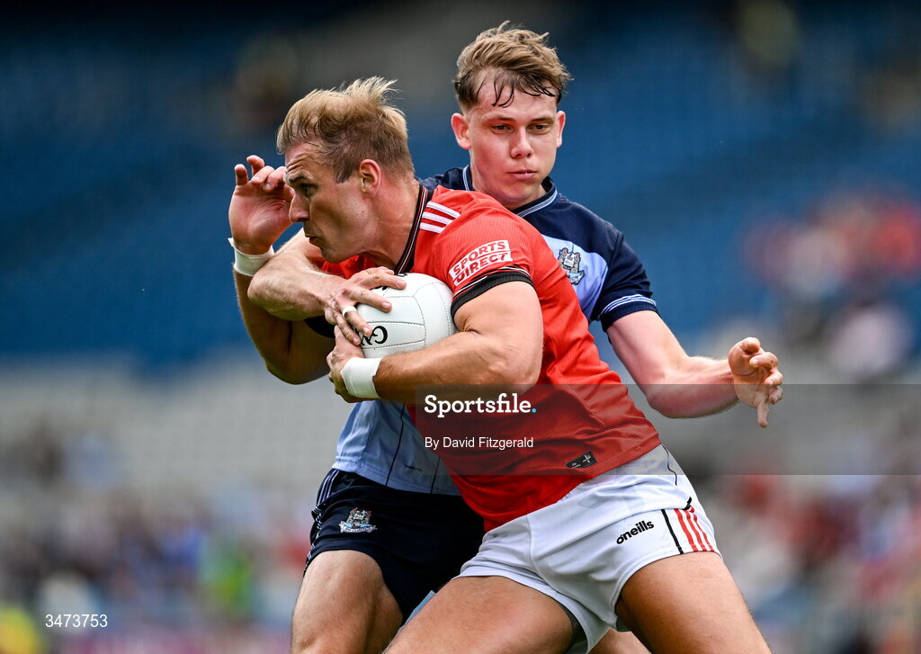 31 May 2026; Conor Grimes of Louth in action against Charlie McMorrow of Dublin during the GAA Football All-Ireland Senior Championship Round 1 match between Dublin and Louth at Croke Park in Dublin. Photo by David Fitzgerald/Sportsfile