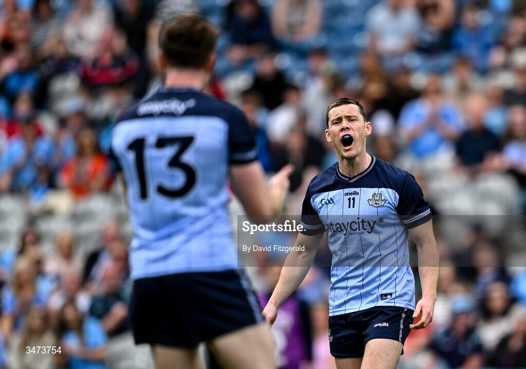31 May 2026; Con O'Callaghan of Dublin remonstrates with team mate Paddy Small during the GAA Football All-Ireland Senior Championship Round 1 match between Dublin and Louth at Croke Park in Dublin. Photo by David Fitzgerald/Sportsfile