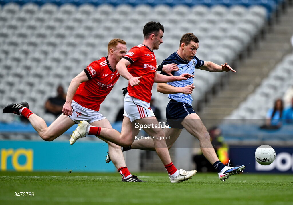 31 May 2026; Con O'Callaghan of Dublin shoots to score his side's first goal during the GAA Football All-Ireland Senior Championship Round 1 match between Dublin and Louth at Croke Park in Dublin. Photo by David Fitzgerald/Sportsfile