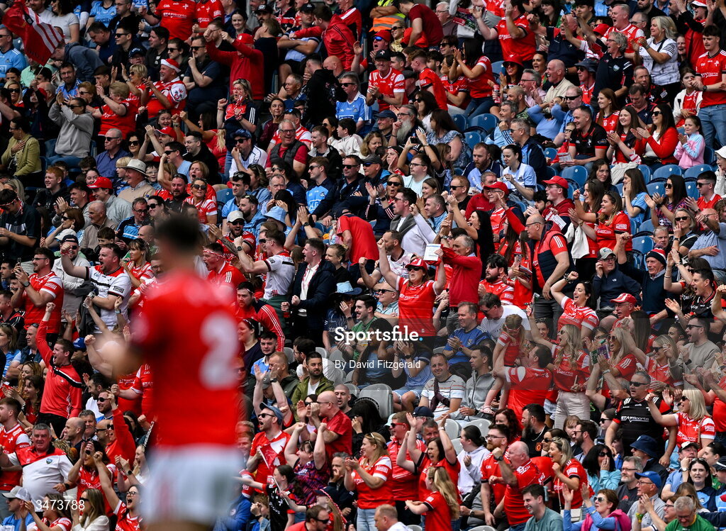 31 May 2026; Louth supporters in the Hogan stand celebrate their side's first goal during the GAA Football All-Ireland Senior Championship Round 1 match between Dublin and Louth at Croke Park in Dublin. Photo by David Fitzgerald/Sportsfile