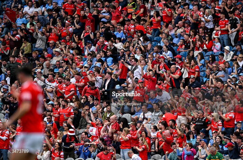 31 May 2026; Louth supporters in the Hogan stand celebrate their side's first goal during the GAA Football All-Ireland Senior Championship Round 1 match between Dublin and Louth at Croke Park in Dublin. Photo by David Fitzgerald/Sportsfile