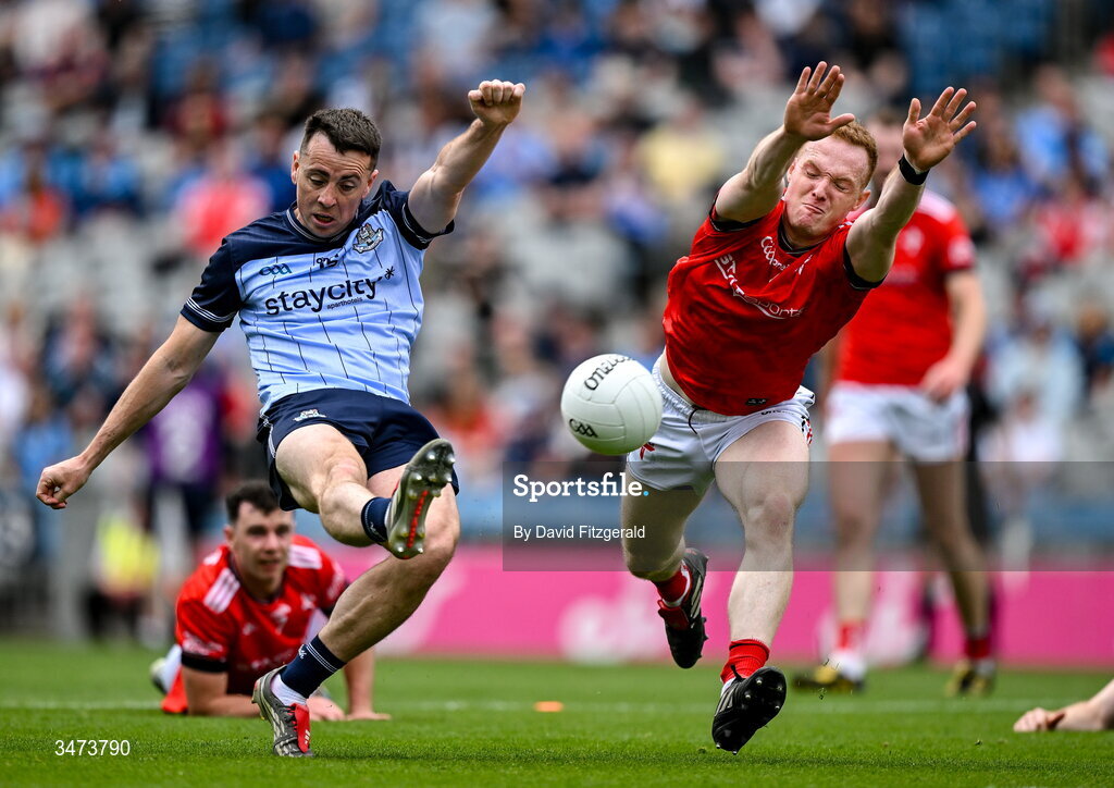 31 May 2026; Cormac Costello of Dublin in action against Donal McKenny of Louth during the GAA Football All-Ireland Senior Championship Round 1 match between Dublin and Louth at Croke Park in Dublin. Photo by David Fitzgerald/Sportsfile