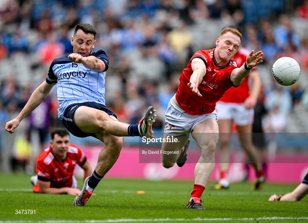31 May 2026; Cormac Costello of Dublin in action against Donal McKenny of Louth during the GAA Football All-Ireland Senior Championship Round 1 match between Dublin and Louth at Croke Park in Dublin. Photo by David Fitzgerald/Sportsfile