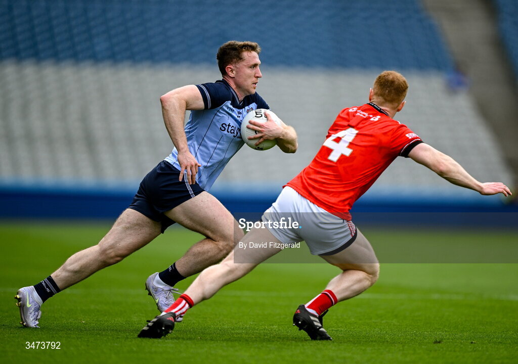 31 May 2026; Paddy Small of Dublin in action against Donal McKenny of Louth during the GAA Football All-Ireland Senior Championship Round 1 match between Dublin and Louth at Croke Park in Dublin. Photo by David Fitzgerald/Sportsfile