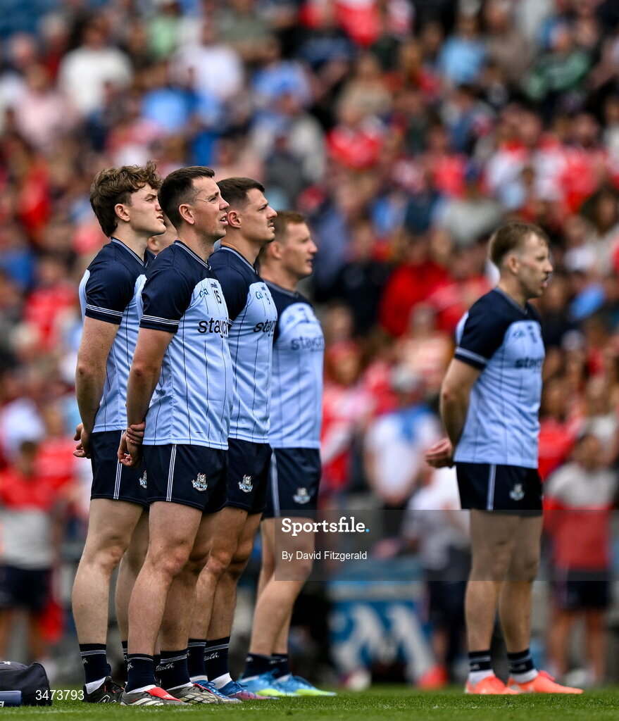 31 May 2026; Dublin players stand for Amhrán na bhFiann before the GAA Football All-Ireland Senior Championship Round 1 match between Dublin and Louth at Croke Park in Dublin. Photo by David Fitzgerald/Sportsfile