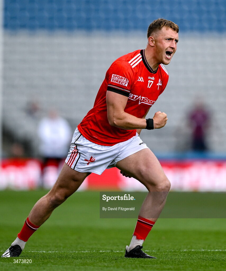 31 May 2026; Ryan Burns of Louth celebrates after kicking a two point score during the GAA Football All-Ireland Senior Championship Round 1 match between Dublin and Louth at Croke Park in Dublin. Photo by David Fitzgerald/Sportsfile
