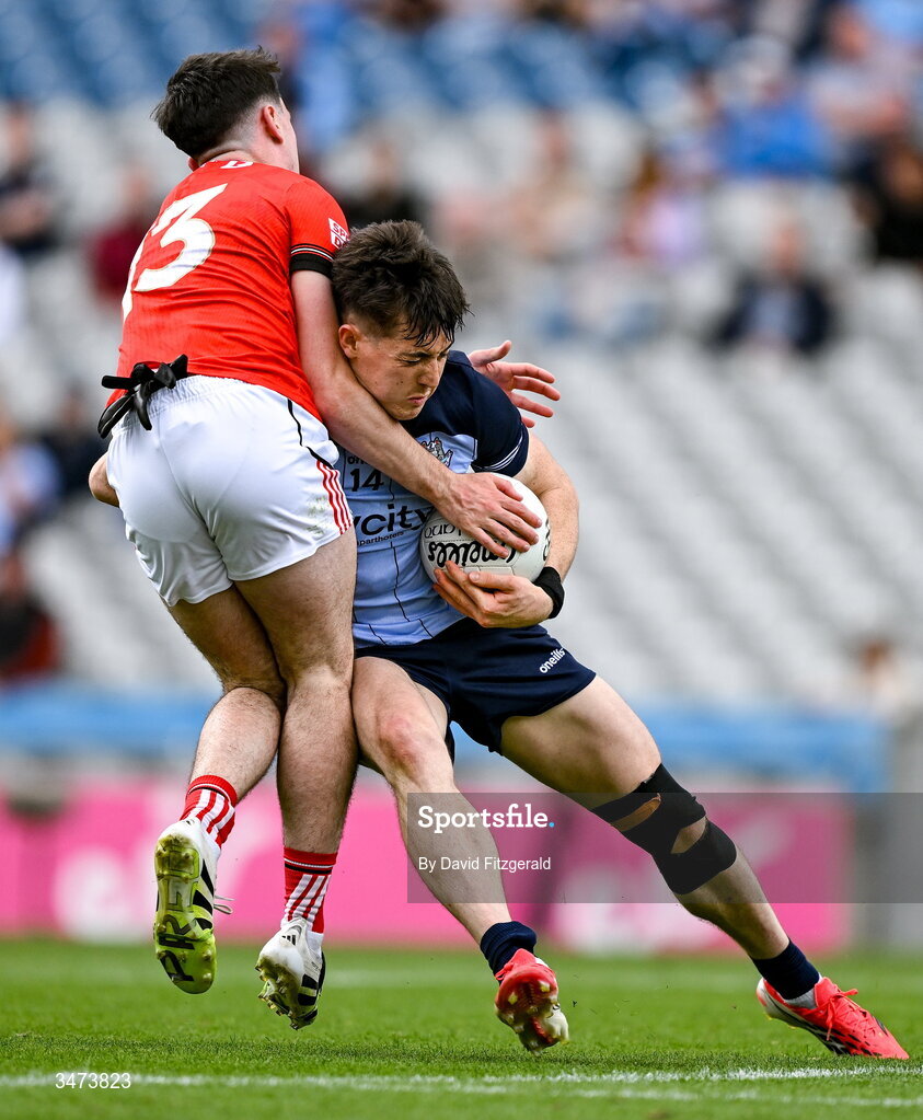 31 May 2026; Killian McGinnis of Dublin in action against Kieran McCardle of Louth during the GAA Football All-Ireland Senior Championship Round 1 match between Dublin and Louth at Croke Park in Dublin. Photo by David Fitzgerald/Sportsfile