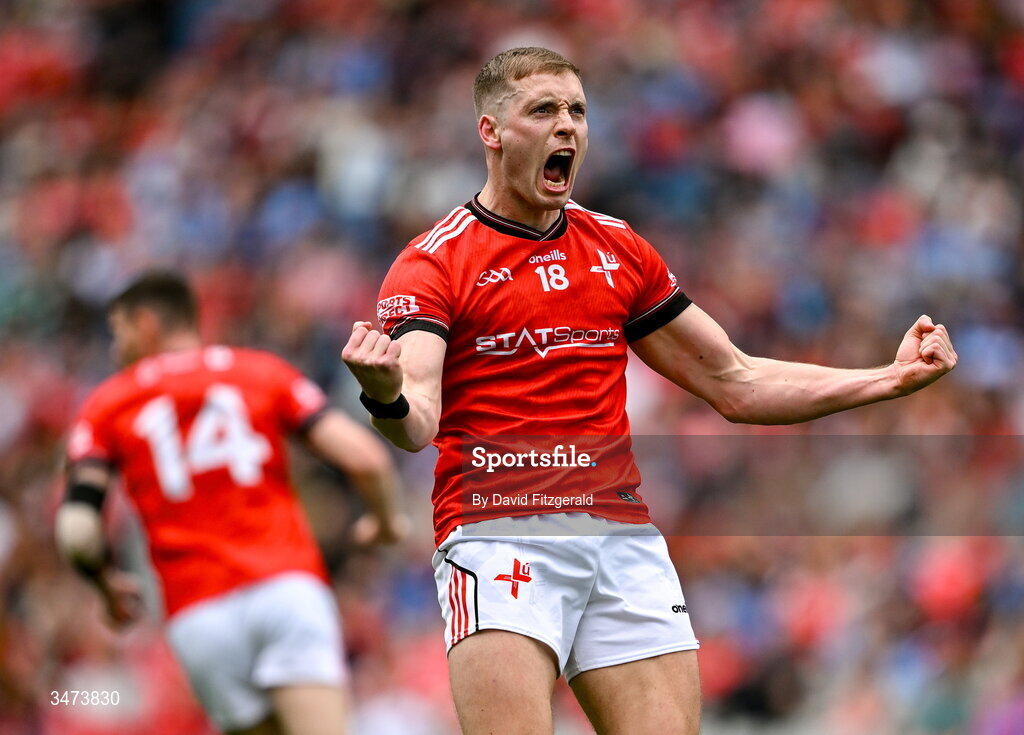 31 May 2026; Ciaran Byrne of Louth celebrates a score during the GAA Football All-Ireland Senior Championship Round 1 match between Dublin and Louth at Croke Park in Dublin. Photo by David Fitzgerald/Sportsfile