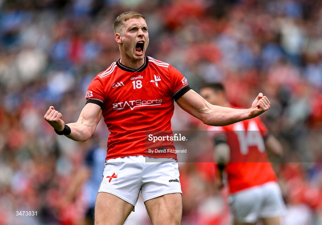 31 May 2026; Ciaran Byrne of Louth celebrates a score during the GAA Football All-Ireland Senior Championship Round 1 match between Dublin and Louth at Croke Park in Dublin. Photo by David Fitzgerald/Sportsfile