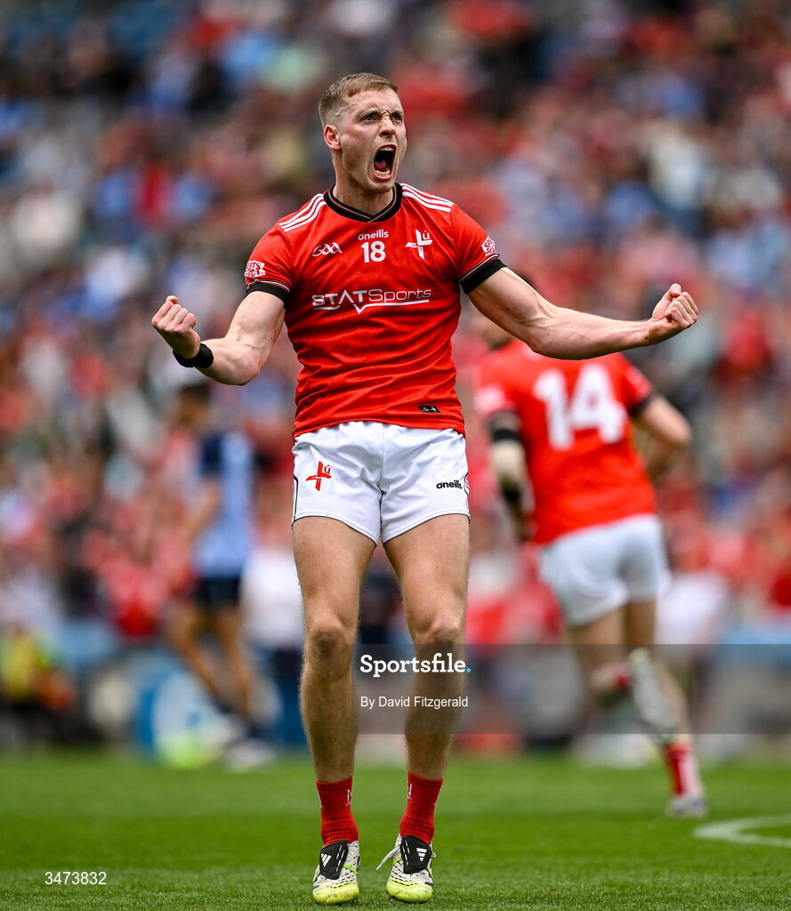 31 May 2026; Ciaran Byrne of Louth celebrates a score during the GAA Football All-Ireland Senior Championship Round 1 match between Dublin and Louth at Croke Park in Dublin. Photo by David Fitzgerald/Sportsfile