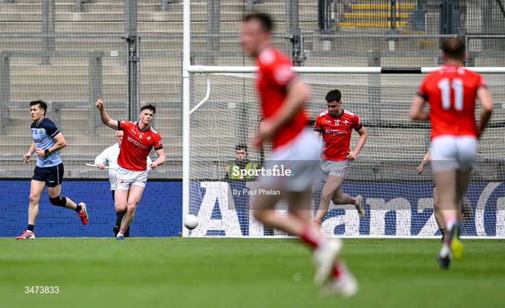 31 May 2026; James Maguire of Louth celebrates after scoring his side's second goal during the GAA Football All-Ireland Senior Championship Round 1 match between Dublin and Louth at Croke Park in Dublin. Photo by Paul Phelan/Sportsfile