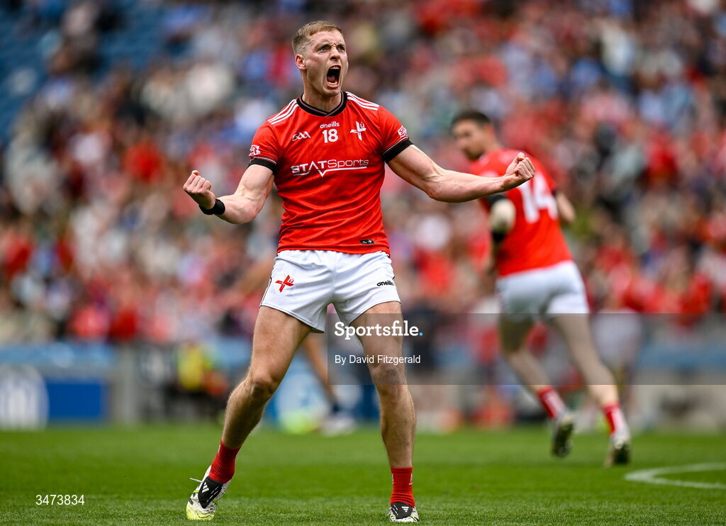 31 May 2026; Ciaran Byrne of Louth celebrates a score during the GAA Football All-Ireland Senior Championship Round 1 match between Dublin and Louth at Croke Park in Dublin. Photo by David Fitzgerald/Sportsfile