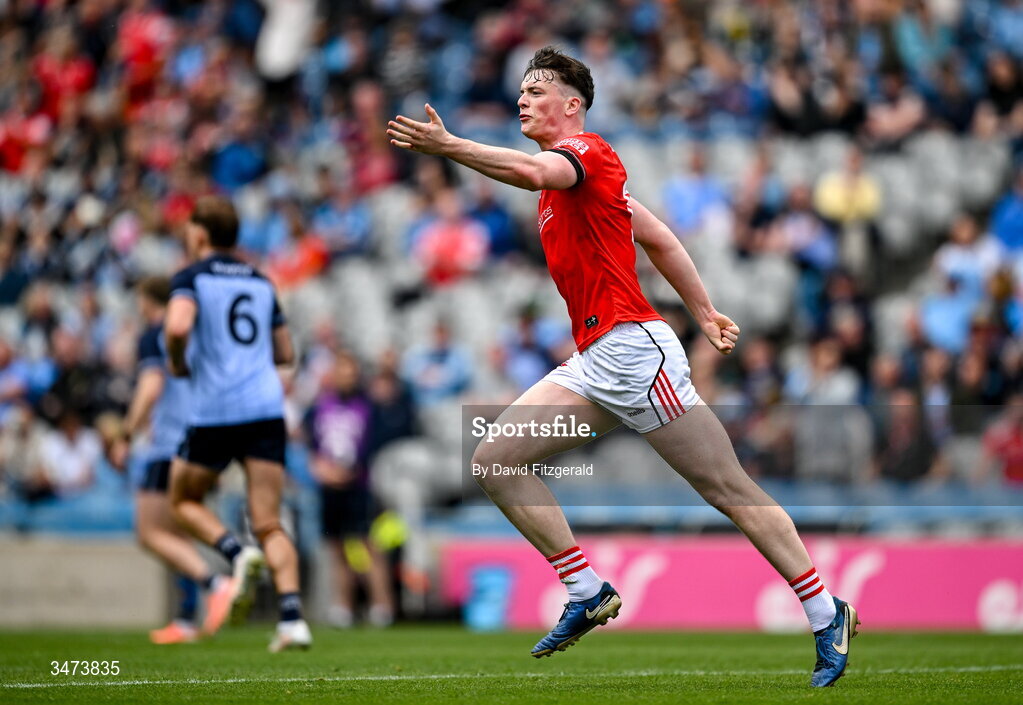 31 May 2026; James Maguire of Louth celebrates after scoring his side's third goal during the GAA Football All-Ireland Senior Championship Round 1 match between Dublin and Louth at Croke Park in Dublin. Photo by David Fitzgerald/Sportsfile
