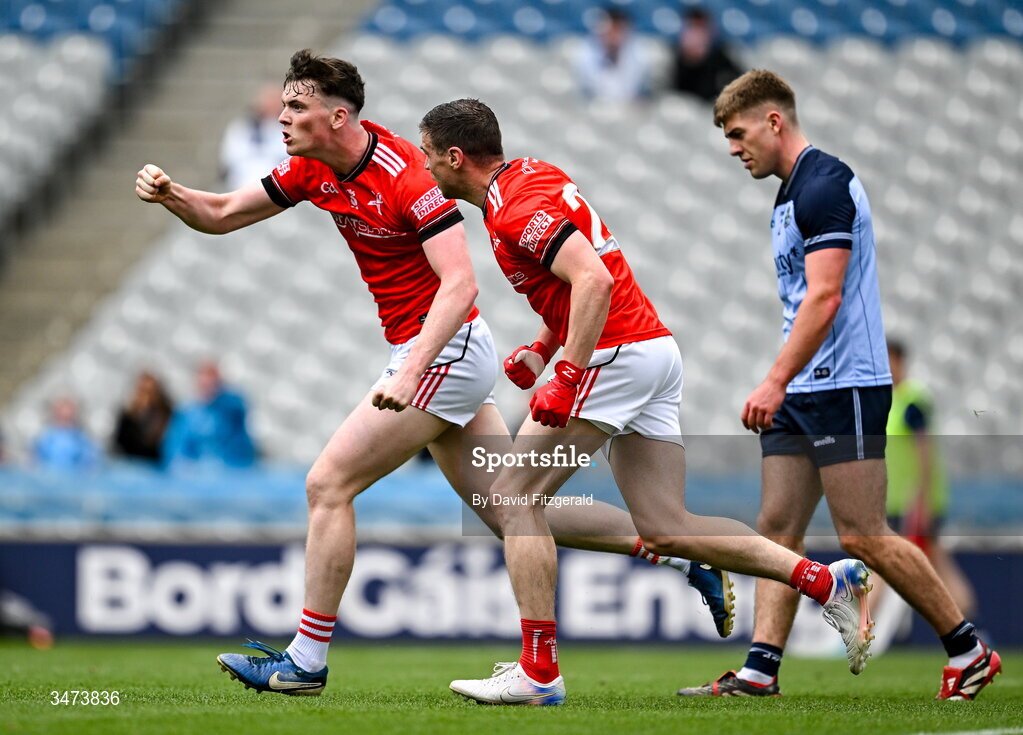 31 May 2026; James Maguire of Louth celebrates after scoring his side's third goal during the GAA Football All-Ireland Senior Championship Round 1 match between Dublin and Louth at Croke Park in Dublin. Photo by David Fitzgerald/Sportsfile