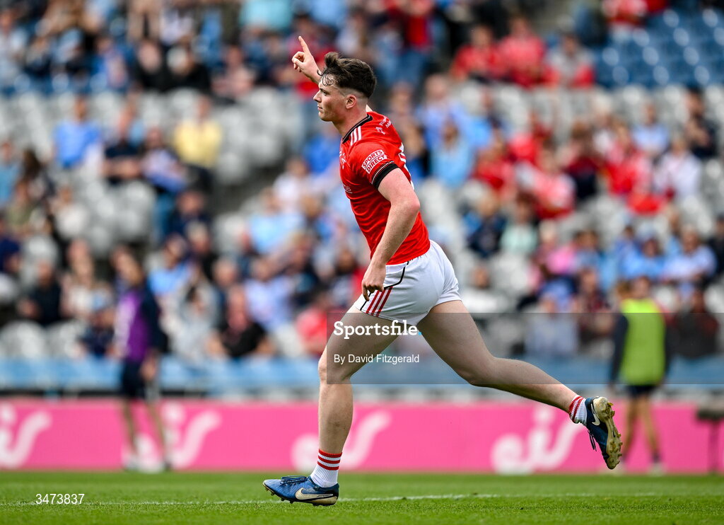 31 May 2026; James Maguire of Louth celebrates after scoring his side's second goal during the GAA Football All-Ireland Senior Championship Round 1 match between Dublin and Louth at Croke Park in Dublin. Photo by David Fitzgerald/Sportsfile