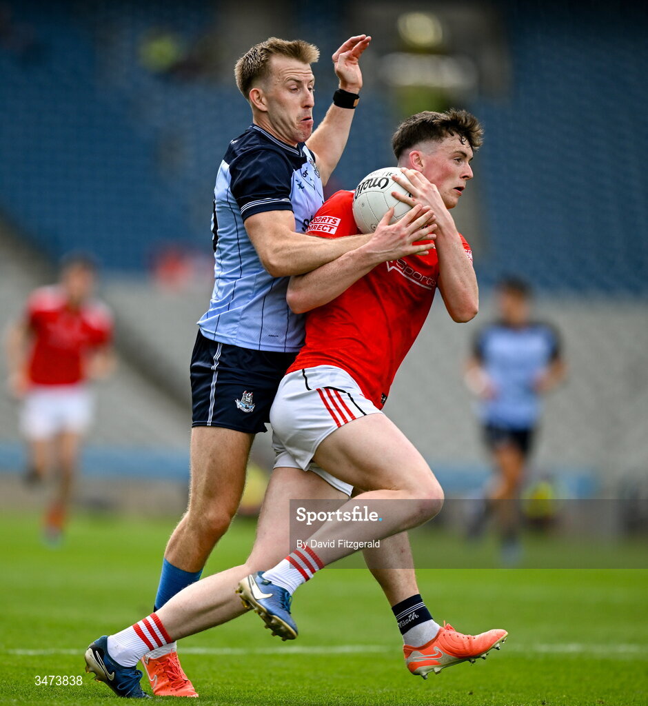 31 May 2026; James Maguire of Louth in action against Seán Bugler of Dublin during the GAA Football All-Ireland Senior Championship Round 1 match between Dublin and Louth at Croke Park in Dublin. Photo by David Fitzgerald/Sportsfile