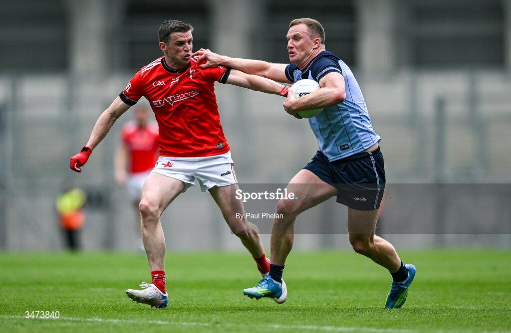31 May 2026; Ciarán Kilkenny of Dublin in action against Conall McKeever of Louth during the GAA Football All-Ireland Senior Championship Round 1 match between Dublin and Louth at Croke Park in Dublin. Photo by Paul Phelan/Sportsfile