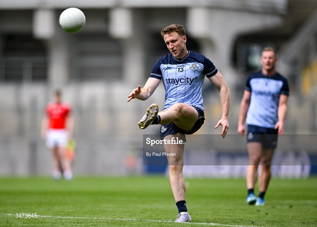 31 May 2026; Paddy Small of Dublin shoots at goal during the GAA Football All-Ireland Senior Championship Round 1 match between Dublin and Louth at Croke Park in Dublin. Photo by Paul Phelan/Sportsfile