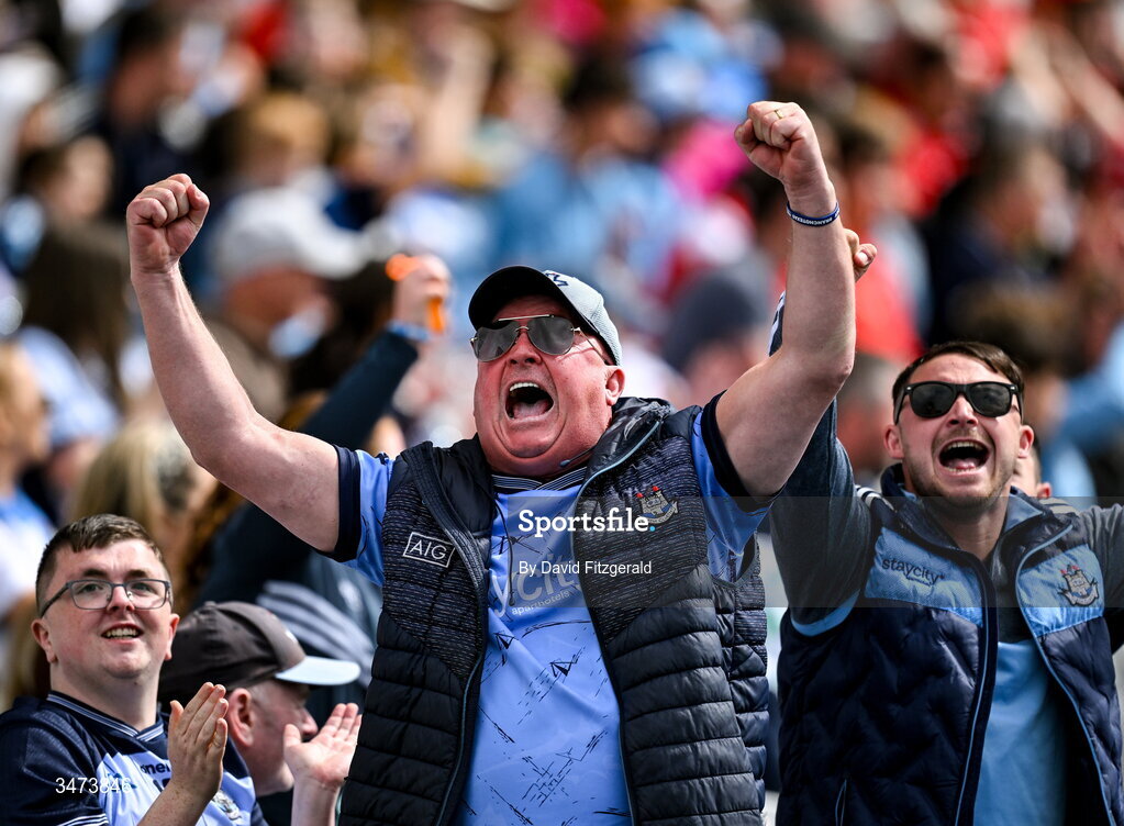 31 May 2026; Dublin supporters celebrate a score during the GAA Football All-Ireland Senior Championship Round 1 match between Dublin and Louth at Croke Park in Dublin. Photo by David Fitzgerald/Sportsfile