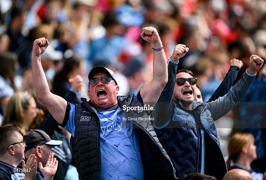 31 May 2026; Dublin supporters celebrate a score during the GAA Football All-Ireland Senior Championship Round 1 match between Dublin and Louth at Croke Park in Dublin. Photo by David Fitzgerald/Sportsfile