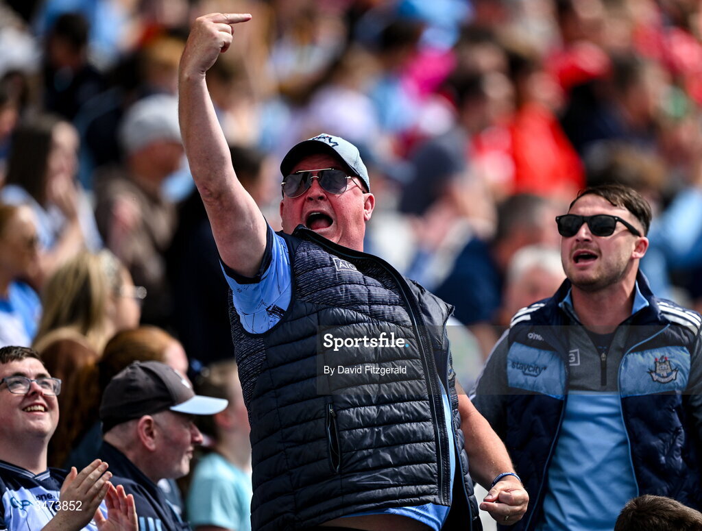 31 May 2026; (EDITORS NOTE: Image contains profanity) Dublin supporters react after their side equalise during the GAA Football All-Ireland Senior Championship Round 1 match between Dublin and Louth at Croke Park in Dublin. Photo by David Fitzgerald/Sportsfile