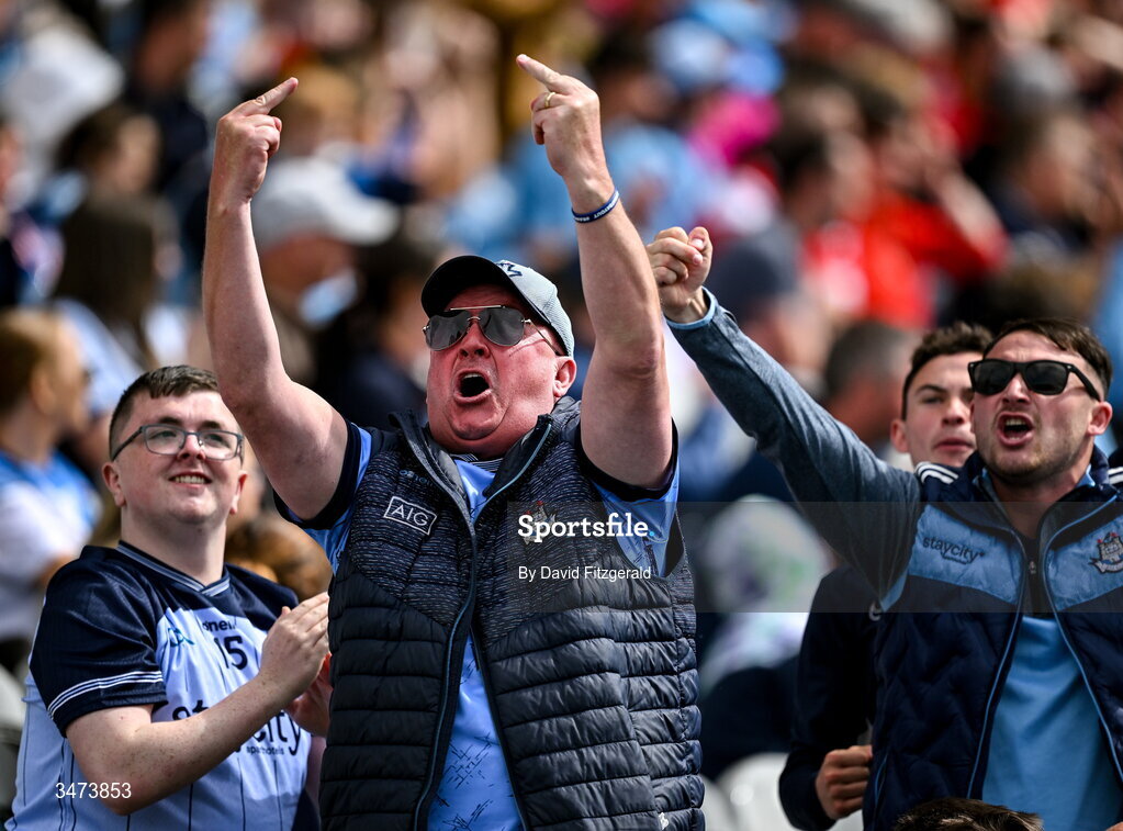 31 May 2026; (EDITORS NOTE: Image contains profanity) Dublin supporters react after their side equalise during the GAA Football All-Ireland Senior Championship Round 1 match between Dublin and Louth at Croke Park in Dublin. Photo by David Fitzgerald/Sportsfile