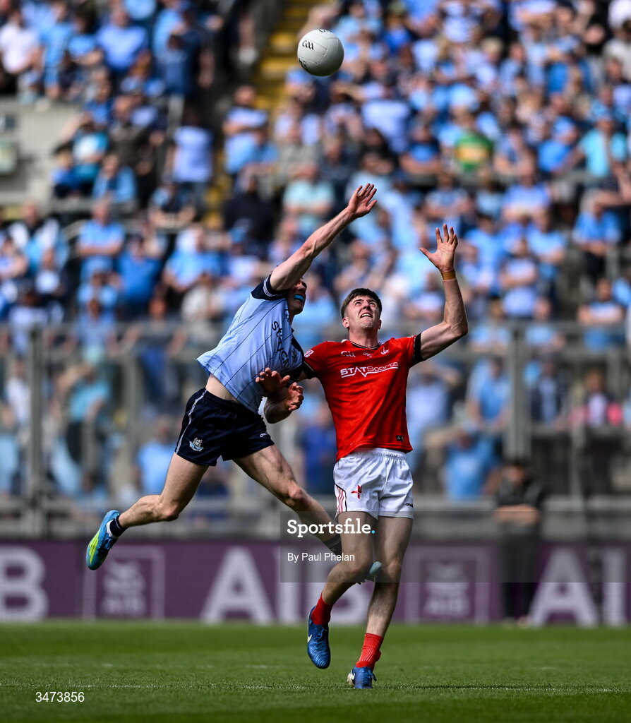 31 May 2026; Lee Gannon of Dublin in action against Dara McDonnell of Louth during the GAA Football All-Ireland Senior Championship Round 1 match between Dublin and Louth at Croke Park in Dublin. Photo by Paul Phelan/Sportsfile