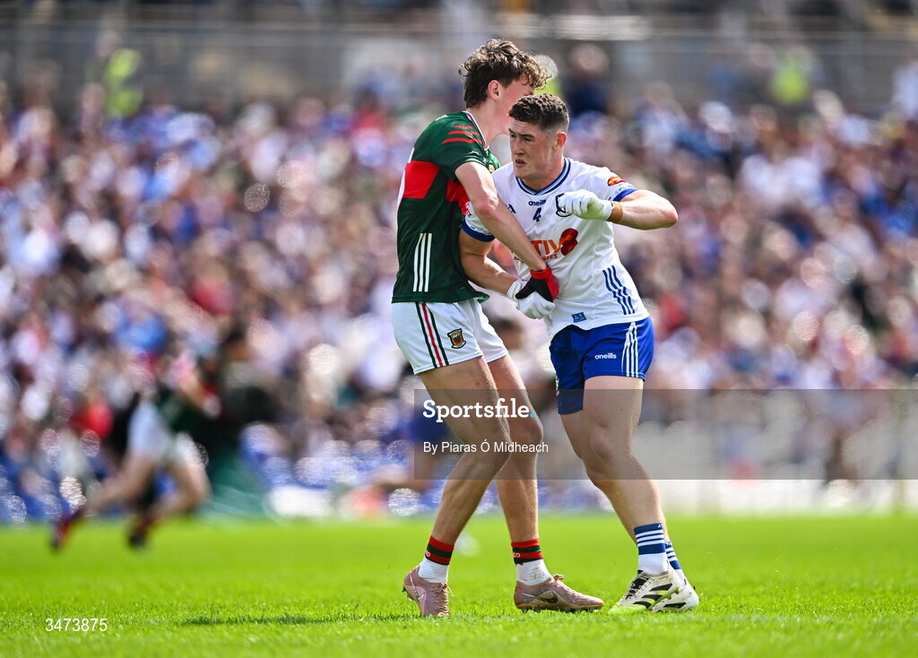 31 May 2026; Dylan Byrne of Monaghan and Kobe McDonald of Mayo tussle before the start of the GAA Football All-Ireland Senior Championship Round 1 match between Monaghan and Mayo at St Tiernach's Park in Clones, Monaghan. Photo by Piaras Ó Mídheach/Sportsfile